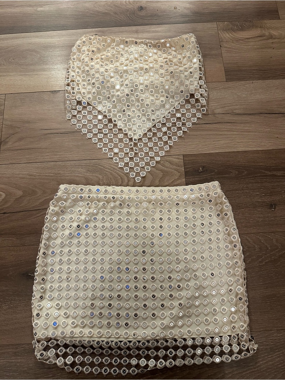 Embellished Cream Sequin Mini Skirt Set